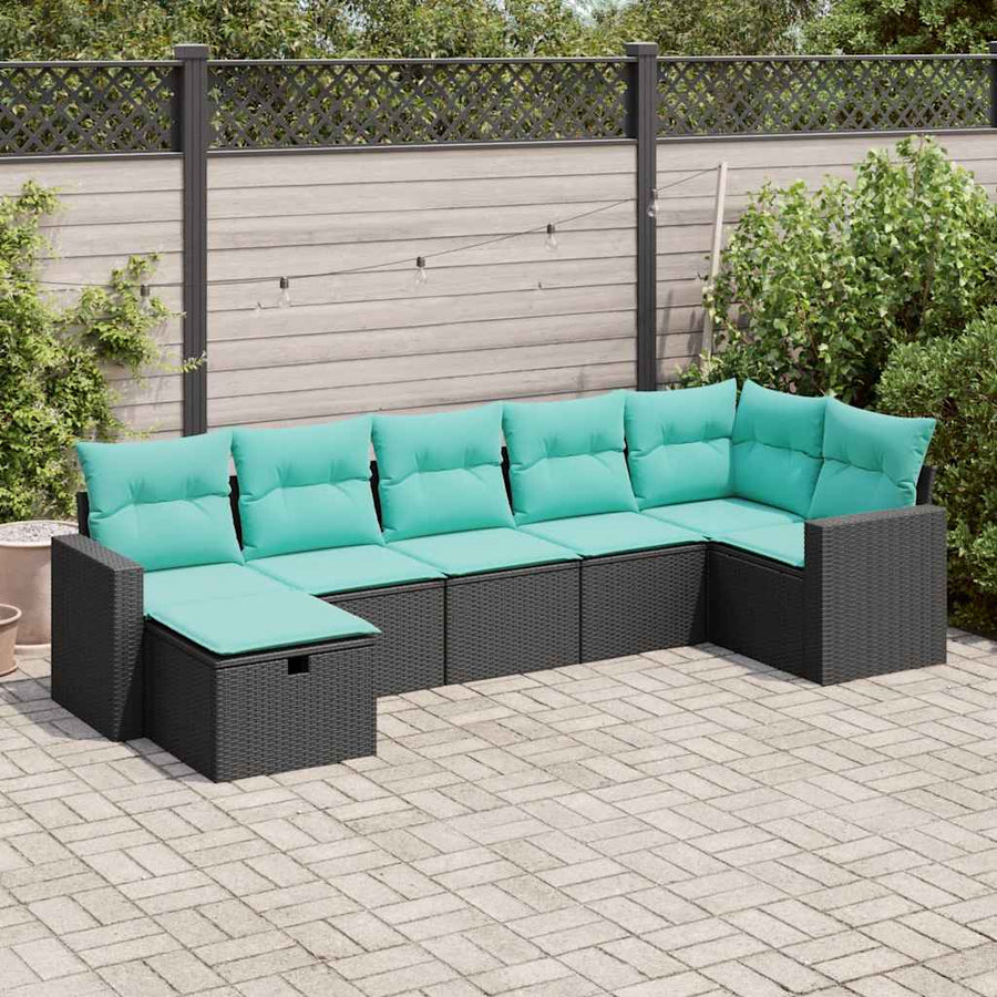 7-delige Loungeset met kussens poly rattan zwart