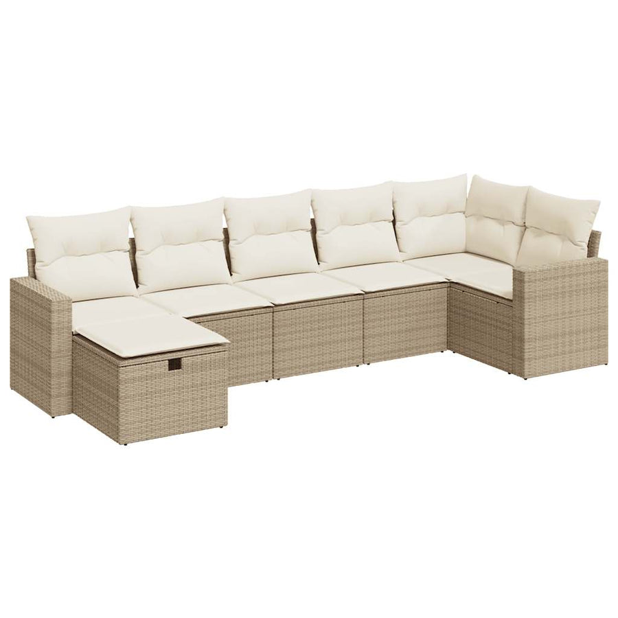 7-delige Loungeset met kussens poly rattan beige