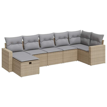 7-delige Loungeset met kussens poly rattan beige