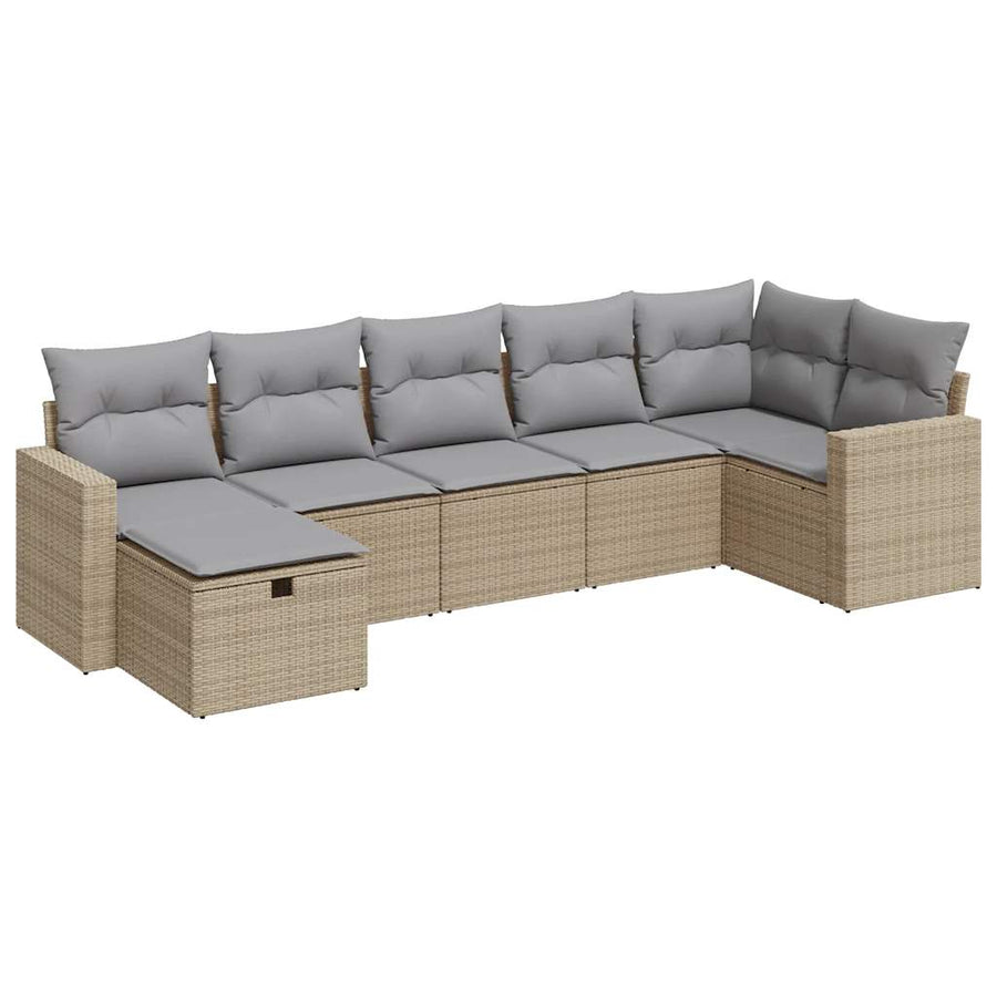 7-delige Loungeset met kussens poly rattan beige
