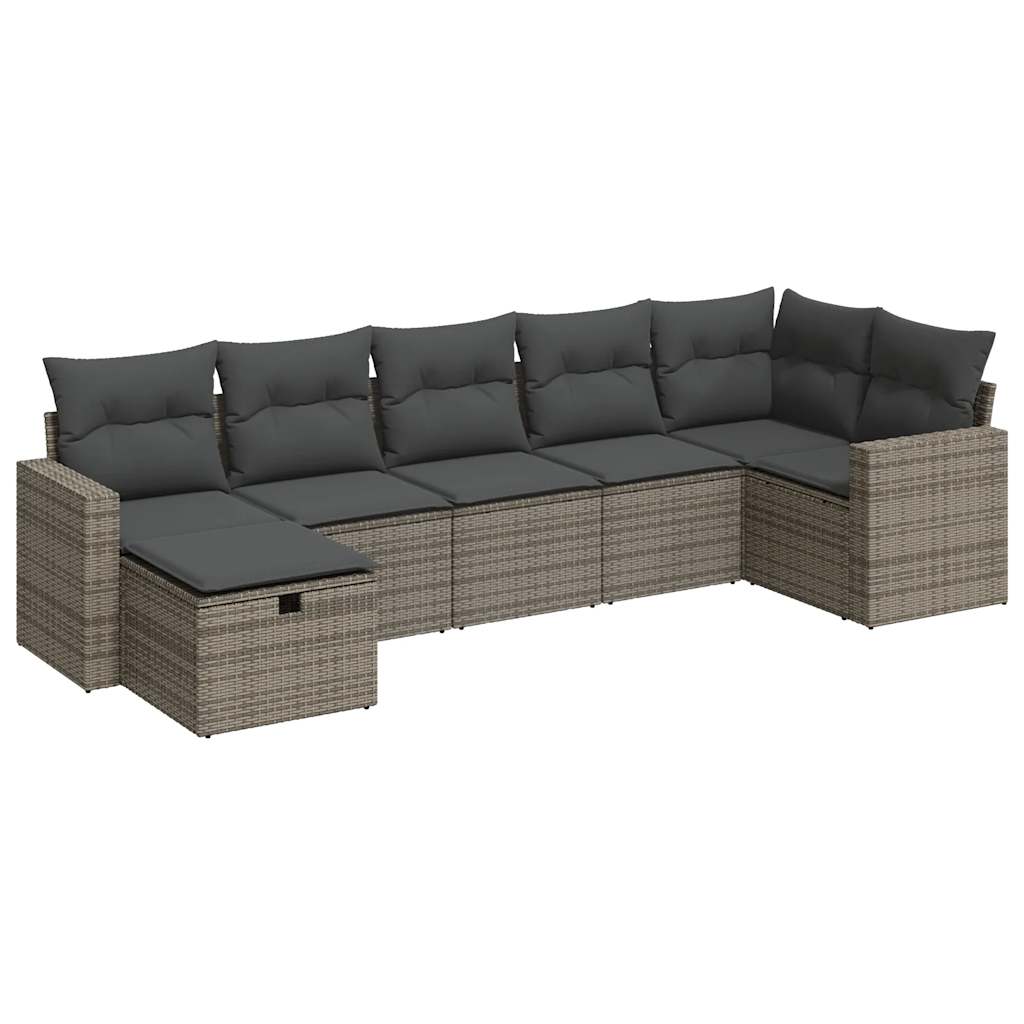 7-delige Loungeset met kussens poly rattan grijs