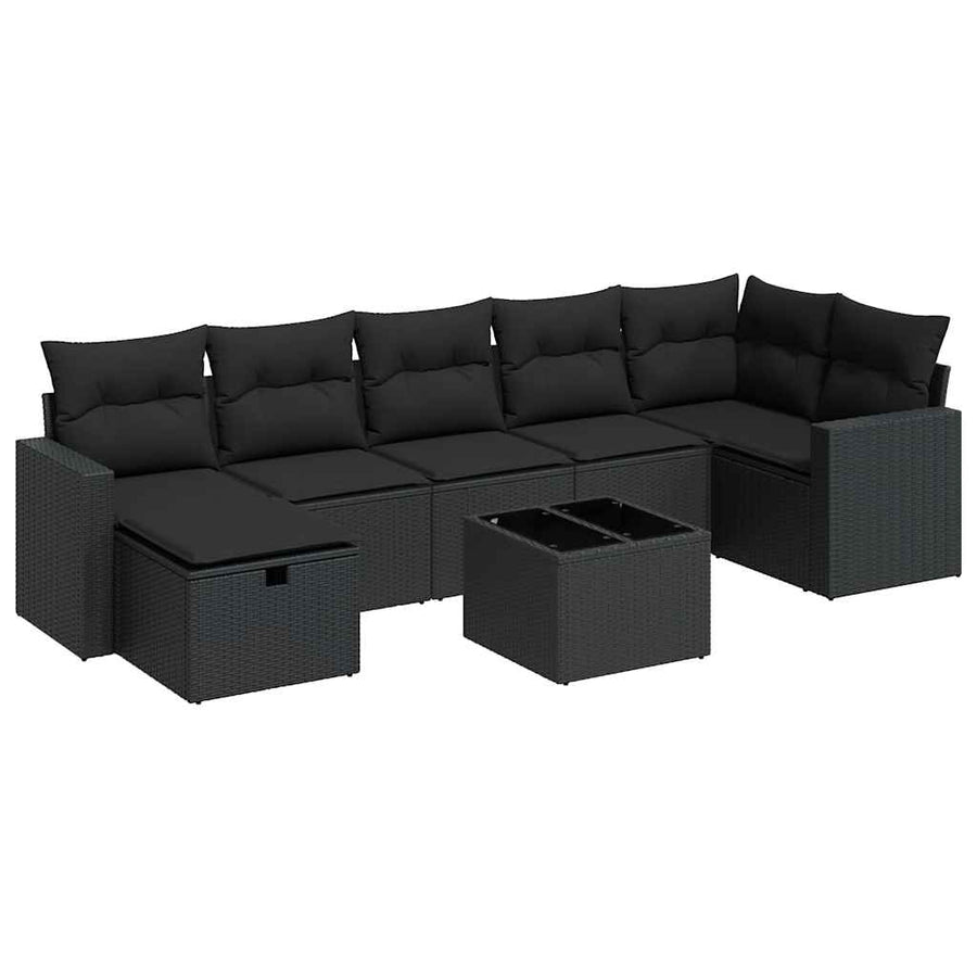 8-delige Loungeset met kussens poly rattan zwart