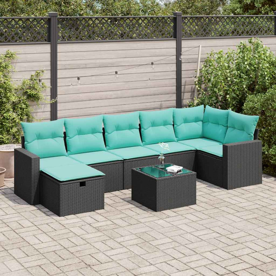 8-delige Loungeset met kussens poly rattan zwart