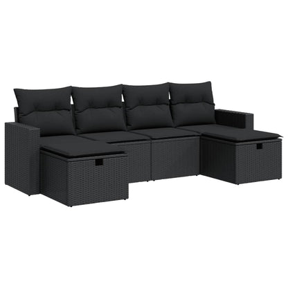 6-delige Loungeset met kussens poly rattan zwart