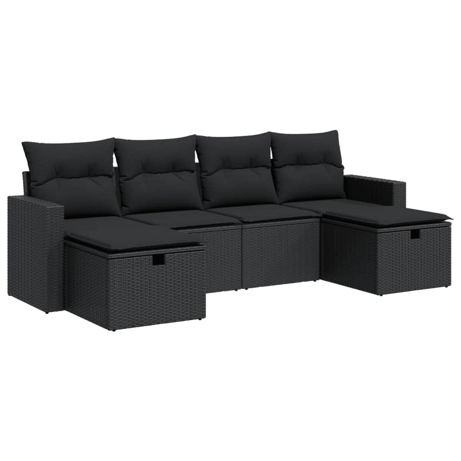 6-delige Loungeset met kussens poly rattan zwart