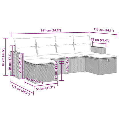 6-delige Loungeset met kussens poly rattan zwart