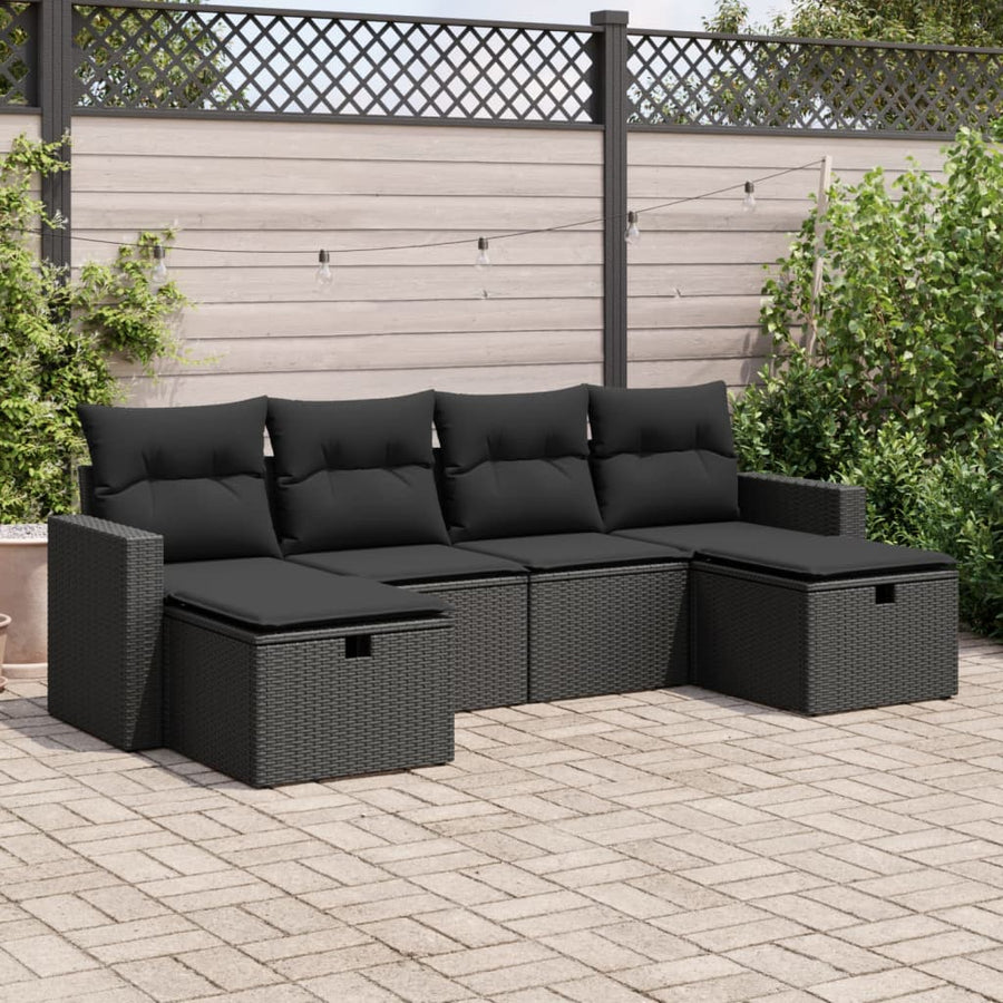6-delige Loungeset met kussens poly rattan zwart