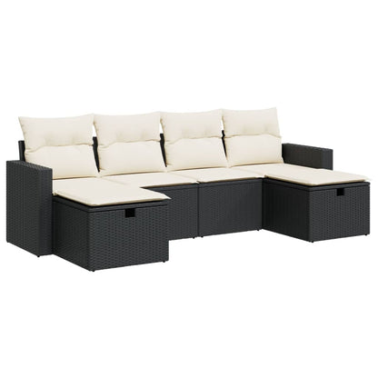 6-delige Loungeset met kussens poly rattan zwart