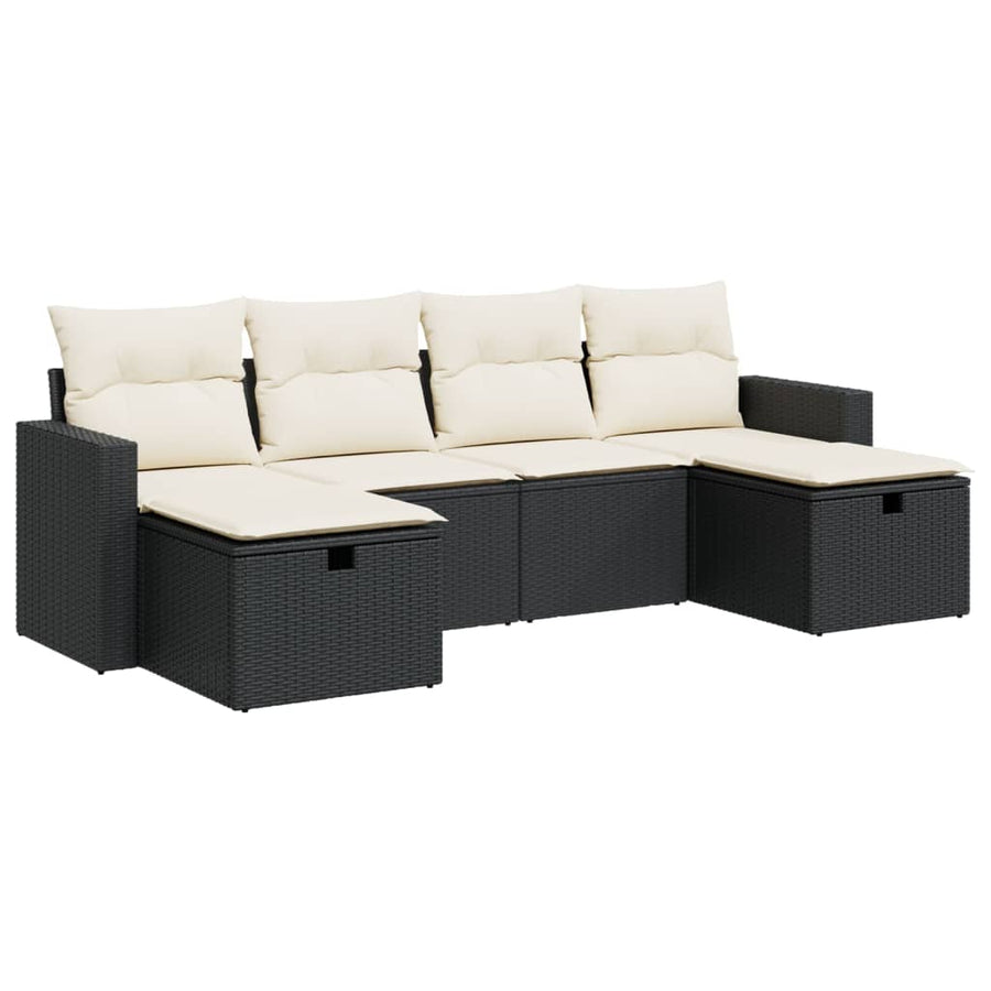 6-delige Loungeset met kussens poly rattan zwart