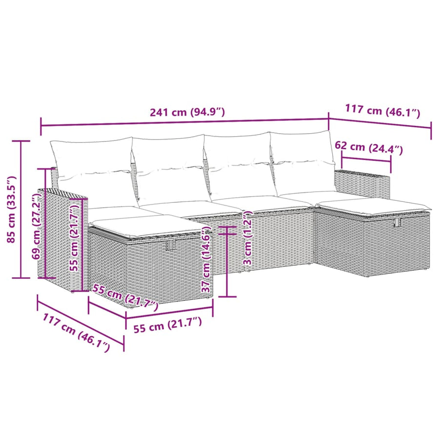 6-delige Loungeset met kussens poly rattan zwart