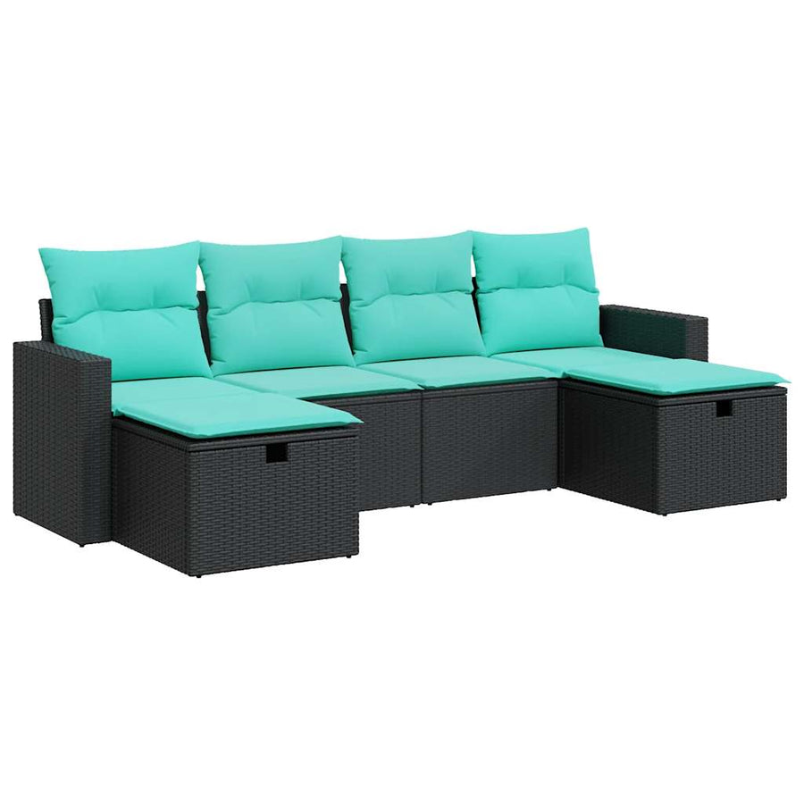 6-delige Loungeset met kussens poly rattan zwart