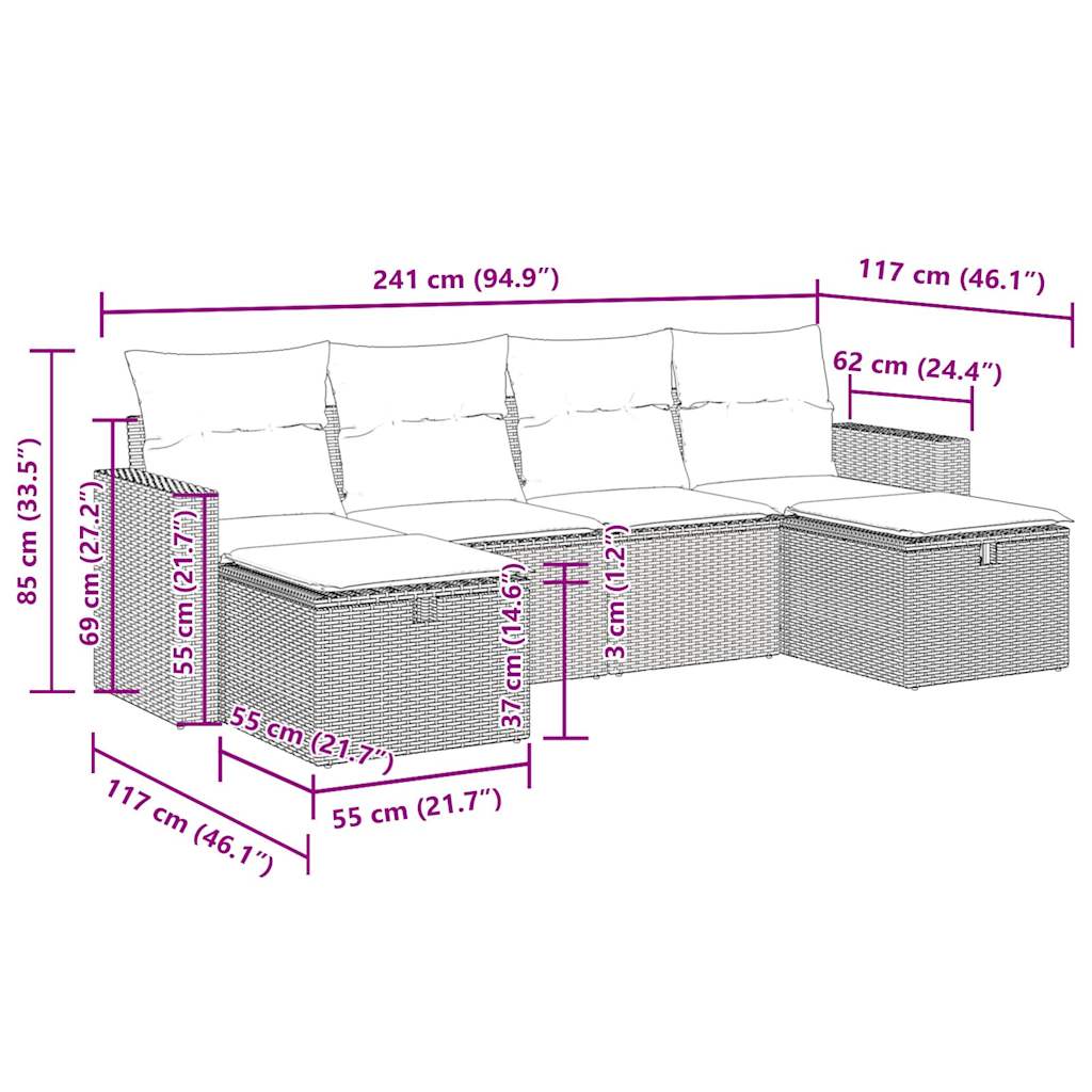 6-delige Loungeset met kussens poly rattan zwart