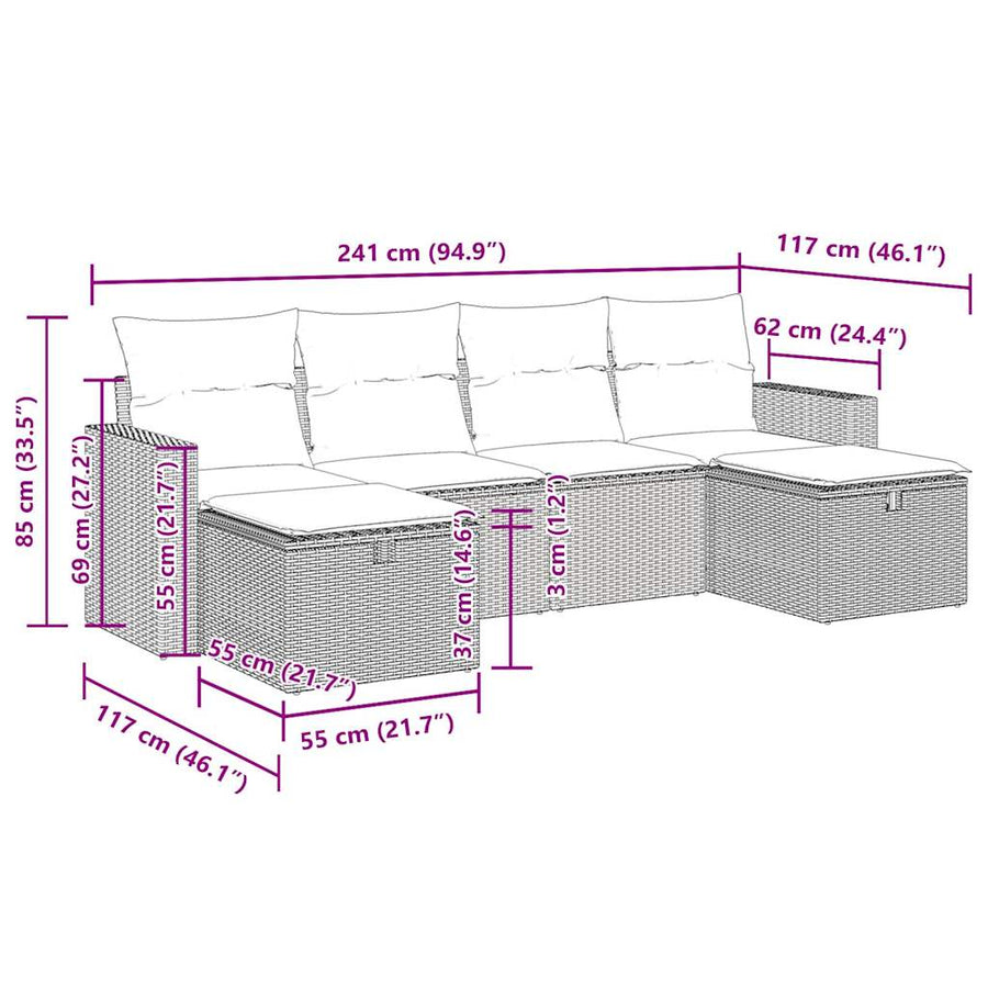 6-delige Loungeset met kussens poly rattan zwart