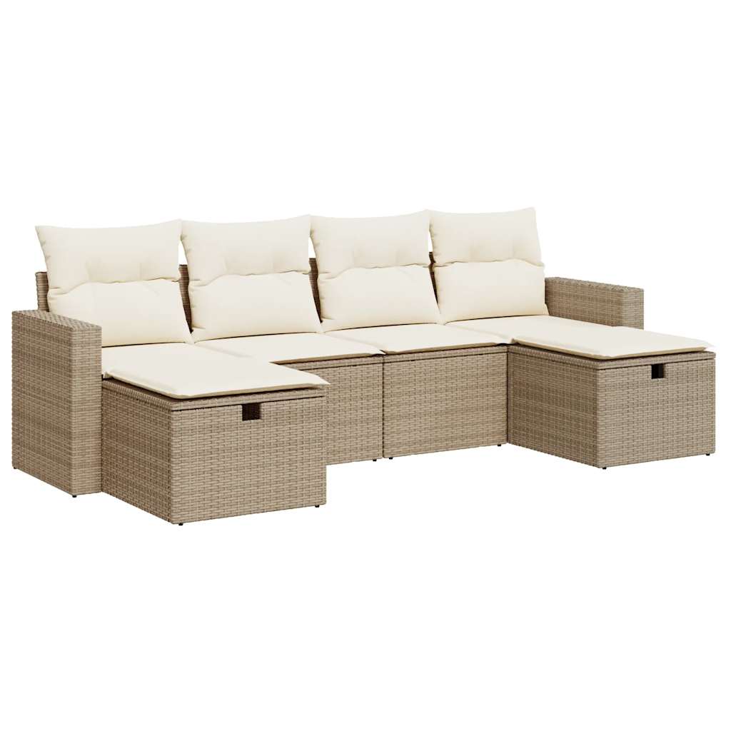 6-delige Loungeset met kussens poly rattan beige