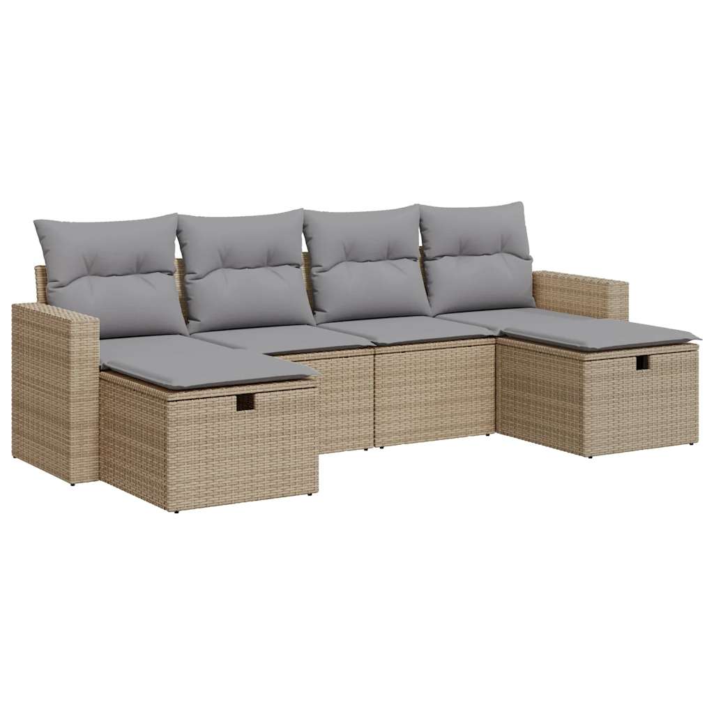 6-delige Loungeset met kussens poly rattan beige