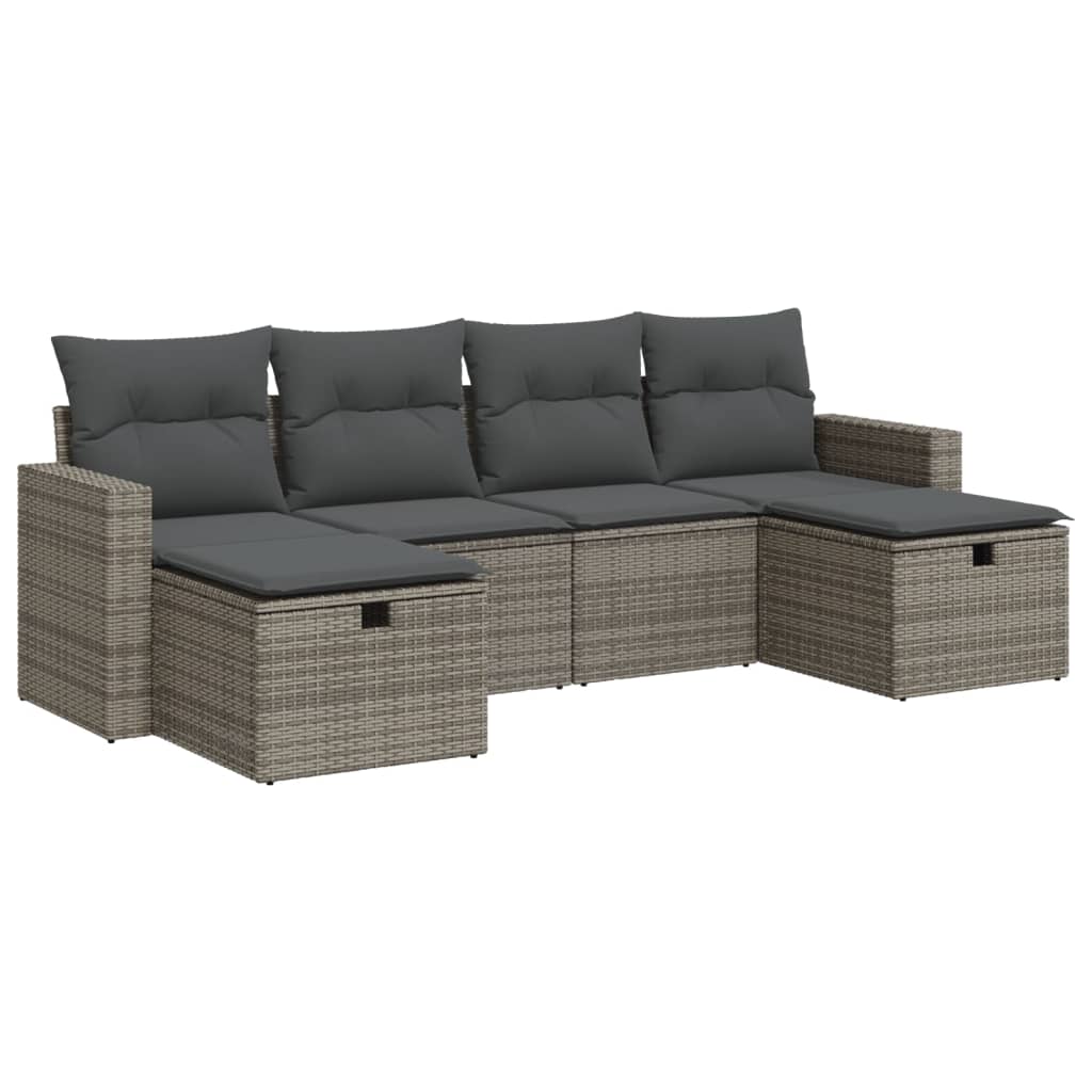 6-delige Loungeset met kussens poly rattan grijs