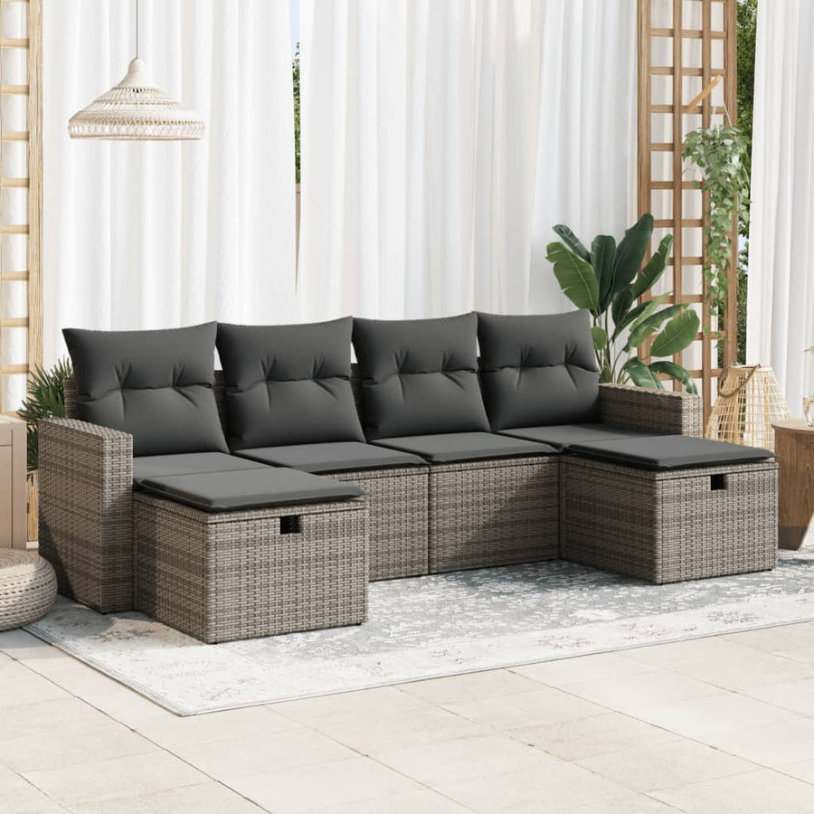 6-delige Loungeset met kussens poly rattan grijs