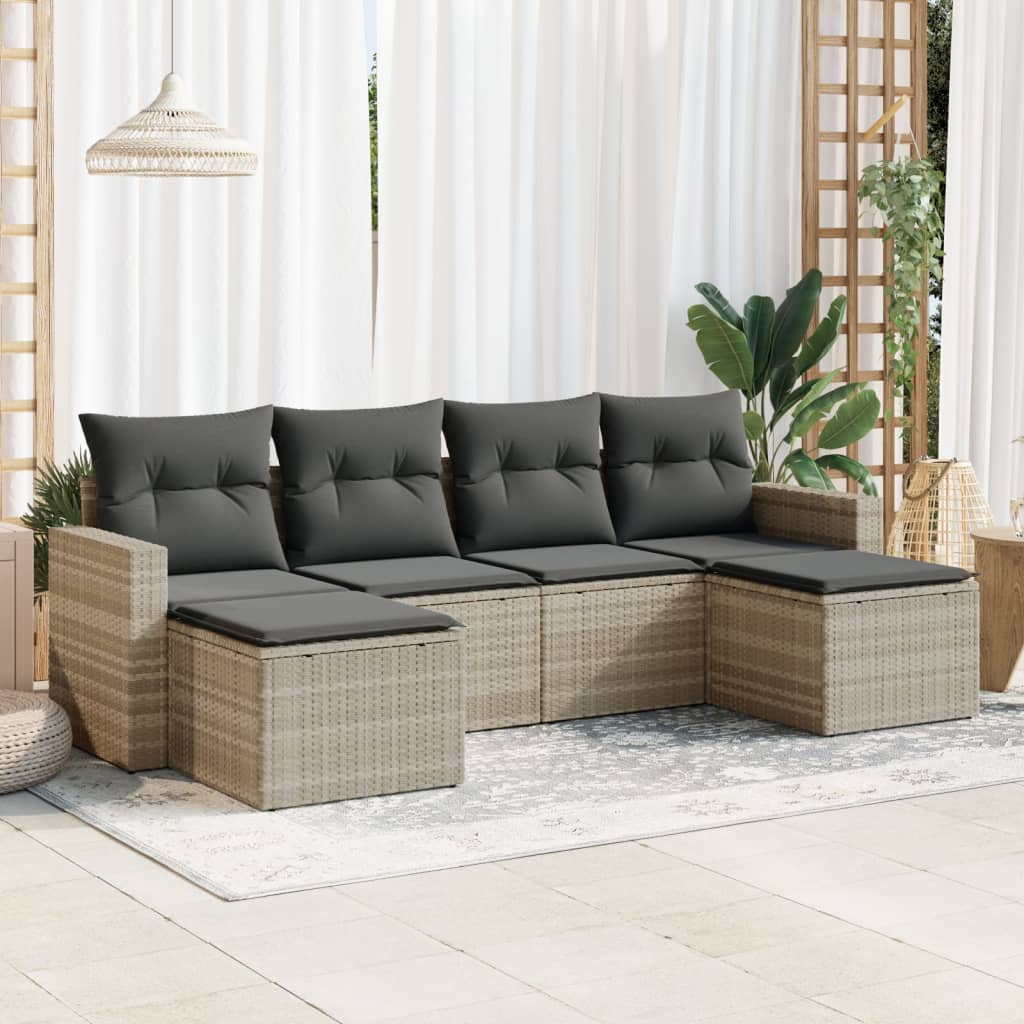 6-delige Loungeset met kussens poly rattan lichtgrijs