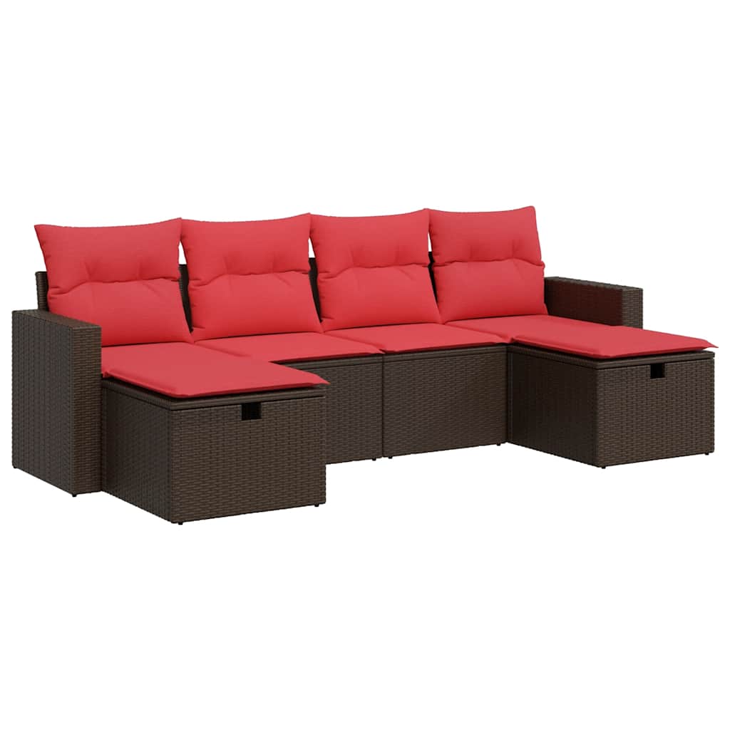 6-delige Loungeset met kussens poly rattan bruin