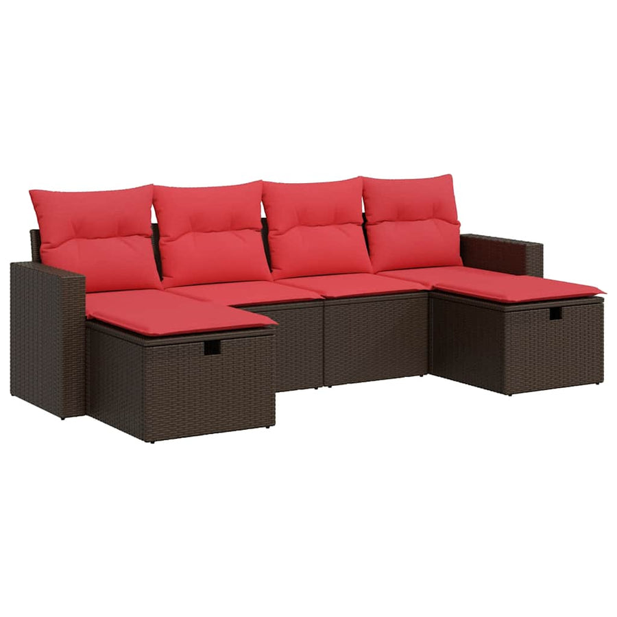 6-delige Loungeset met kussens poly rattan bruin