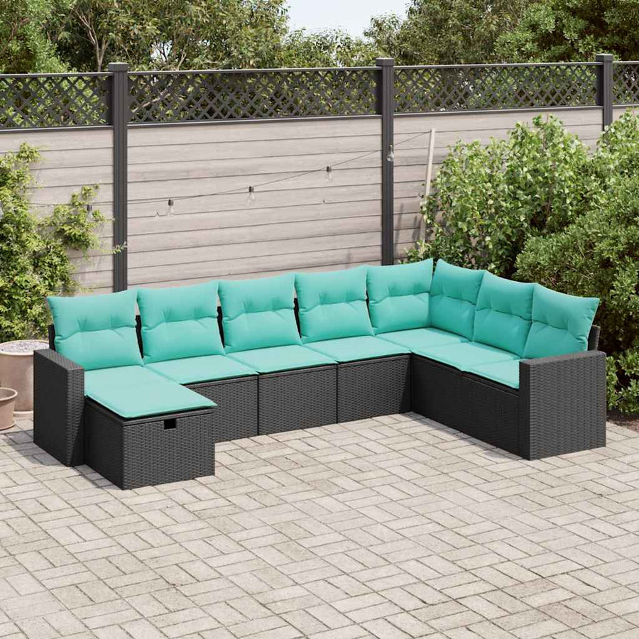 8-delige Loungeset met kussens poly rattan zwart