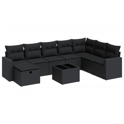 9-delige Loungeset met kussens poly rattan zwart