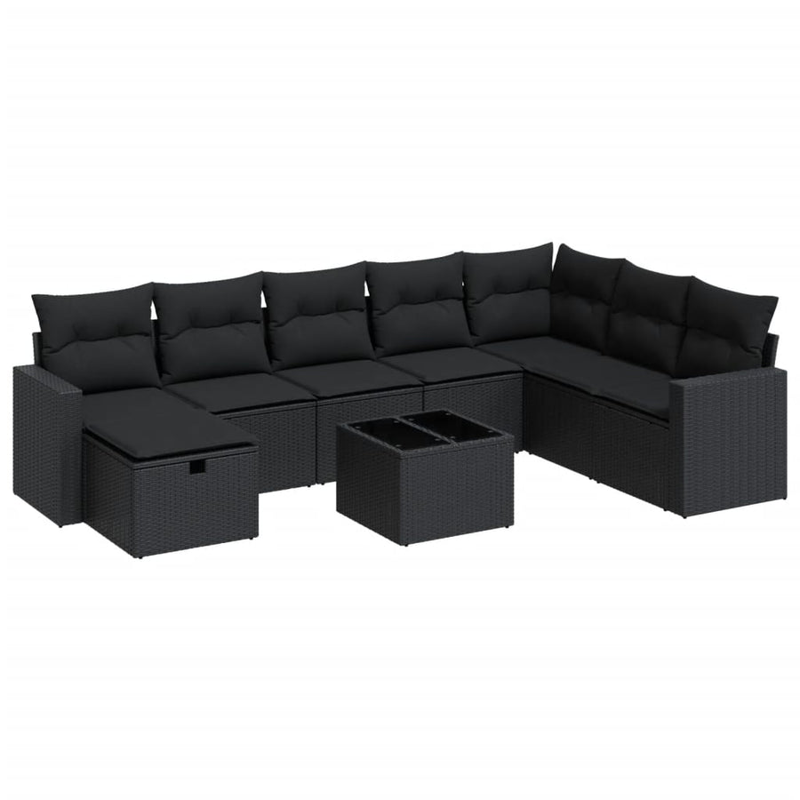 9-delige Loungeset met kussens poly rattan zwart