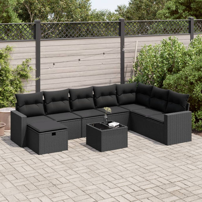 9-delige Loungeset met kussens poly rattan zwart