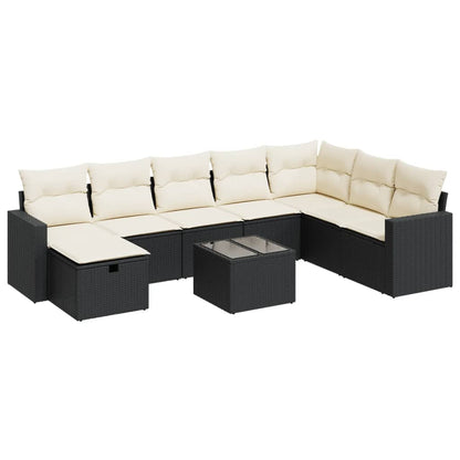 9-delige Loungeset met kussens poly rattan zwart