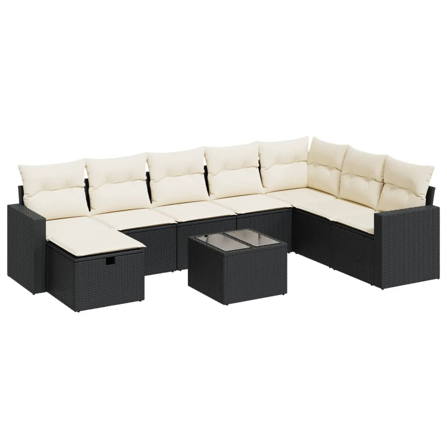 9-delige Loungeset met kussens poly rattan zwart
