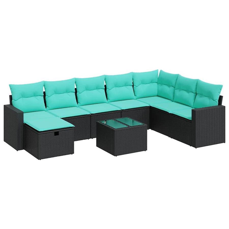9-delige Loungeset met kussens poly rattan zwart