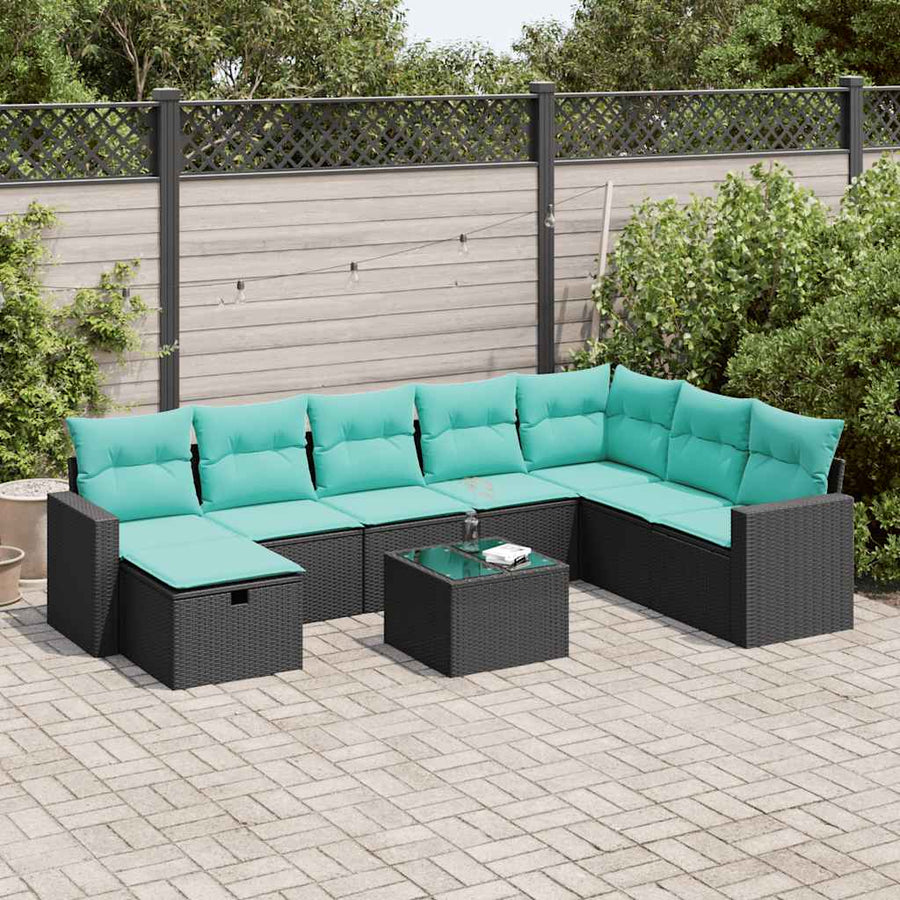 9-delige Loungeset met kussens poly rattan zwart