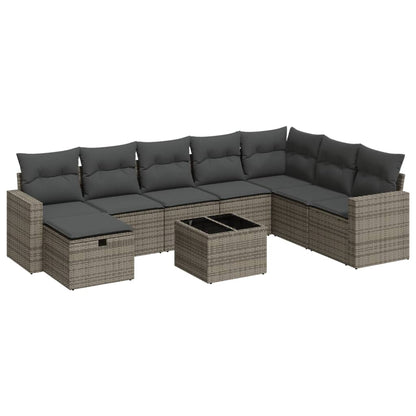 9-delige Loungeset met kussens poly rattan grijs