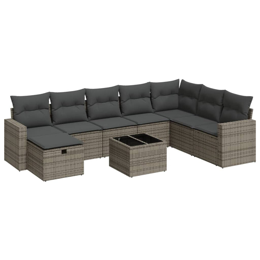 9-delige Loungeset met kussens poly rattan grijs