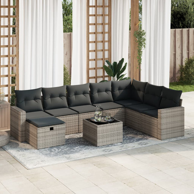 9-delige Loungeset met kussens poly rattan grijs