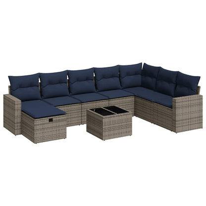 9-delige Loungeset met kussens poly rattan grijs