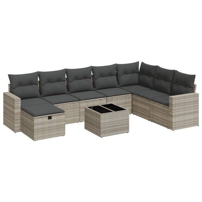 9-delige Loungeset met kussens poly rattan lichtgrijs