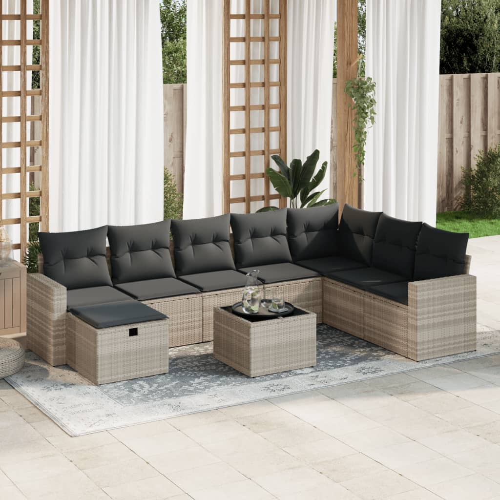 9-delige Loungeset met kussens poly rattan lichtgrijs