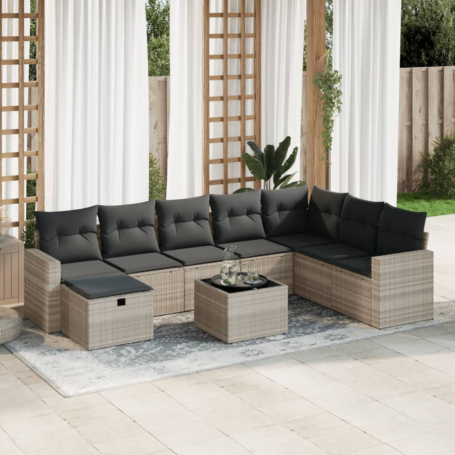 9-delige Loungeset met kussens poly rattan lichtgrijs