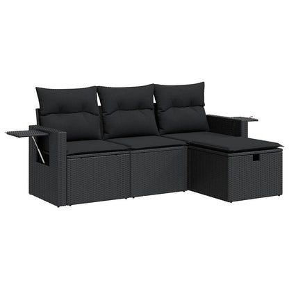 4-delige Loungeset met kussens poly rattan zwart
