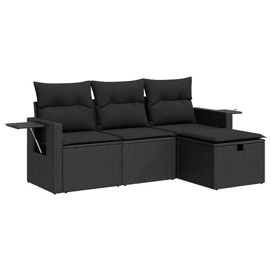 4-delige Loungeset met kussens poly rattan zwart
