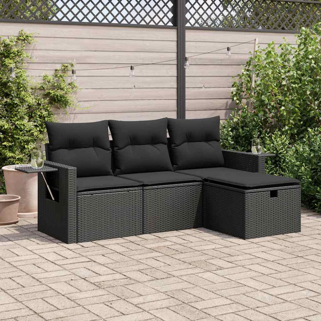 4-delige Loungeset met kussens poly rattan zwart