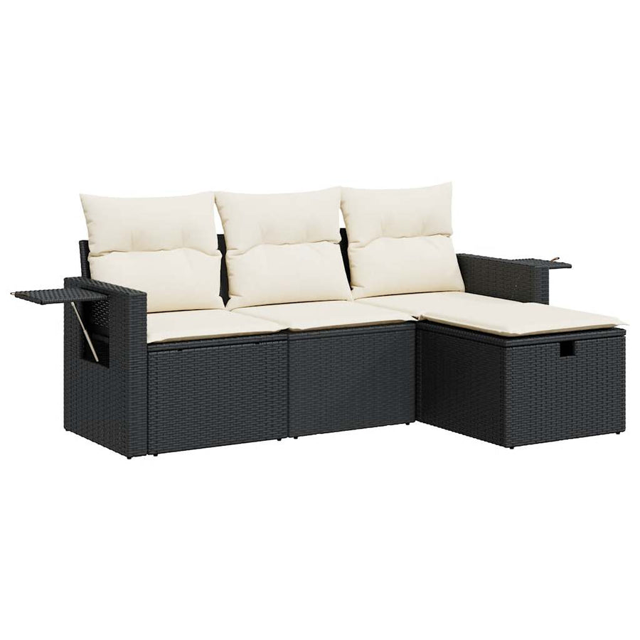 4-delige Loungeset met kussens poly rattan zwart