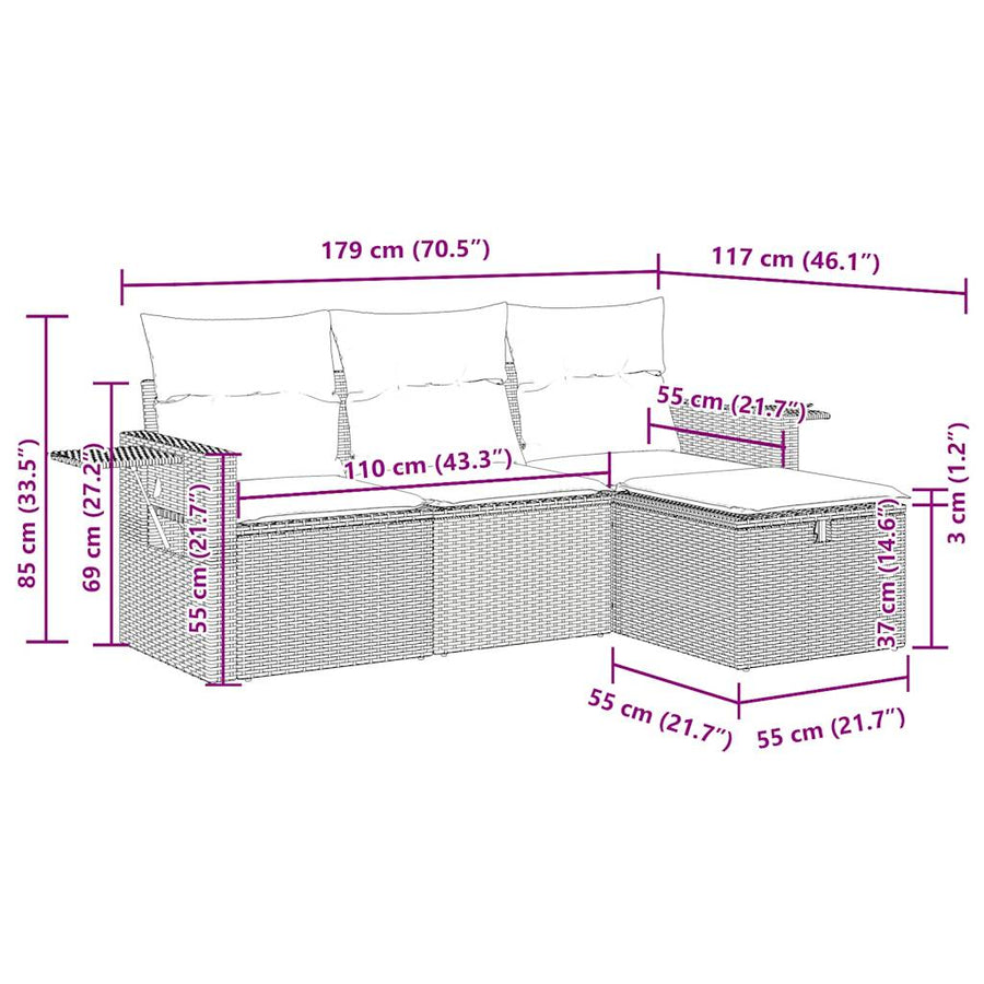 4-delige Loungeset met kussens poly rattan zwart