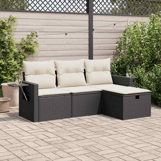 4-delige Loungeset met kussens poly rattan zwart