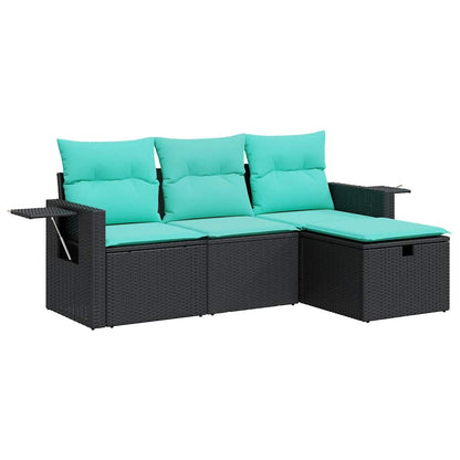 4-delige Loungeset met kussens poly rattan zwart