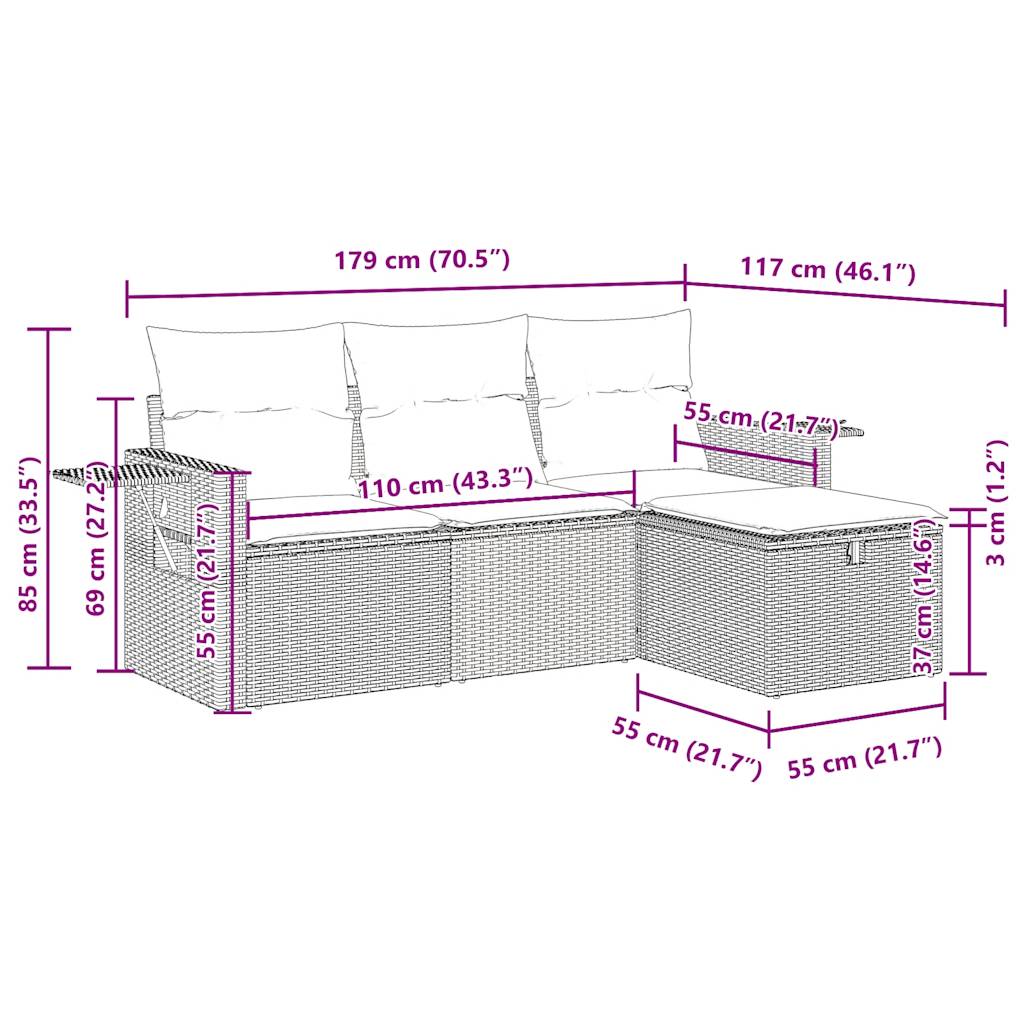 4-delige Loungeset met kussens poly rattan zwart