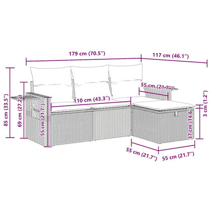 4-delige Loungeset met kussens poly rattan zwart