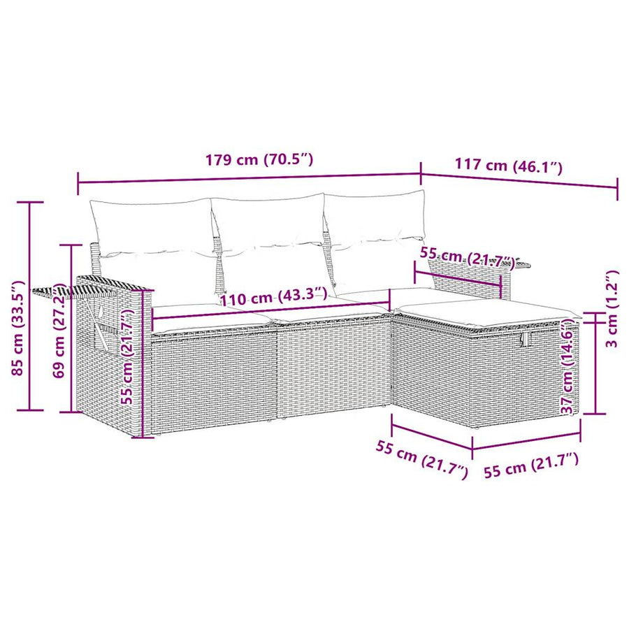 4-delige Loungeset met kussens poly rattan zwart