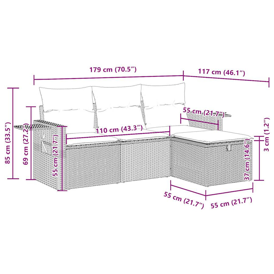 4-delige Loungeset met kussens poly rattan grijs